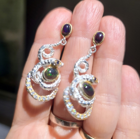 Black Opal sapphire &Topaz Sterling &Gold serpent 🐍 earrings - Picture 7 of 9